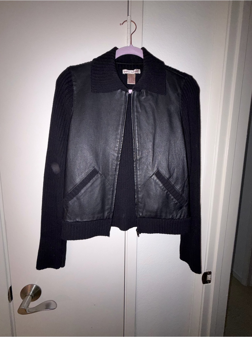 Black Leather Front Knit Zip Jacket - Women